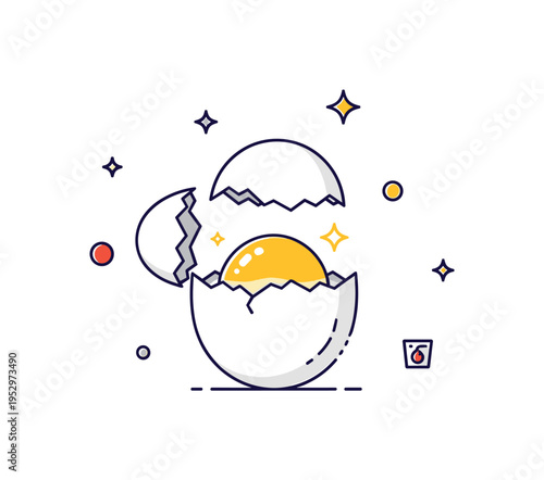 Breakfast staple theme centered on a single cracked egg revealing a bright yolk with subtle sparkle accents, expressing nourishment, simplicity, and morning