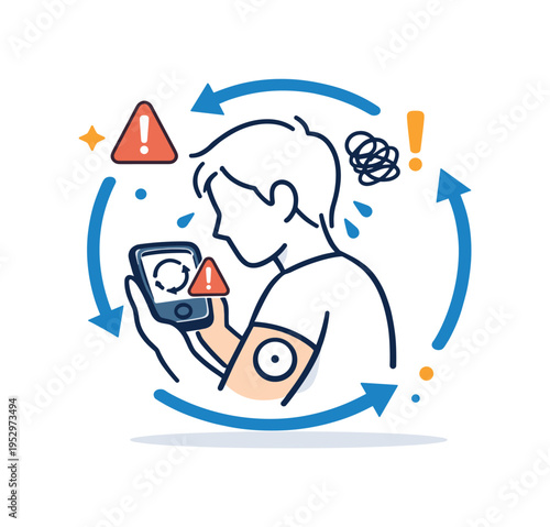 Continuous glucose monitor obsession reflecting constant self-tracking as a person repeatedly checking a small sensor display with looping arrows and alert