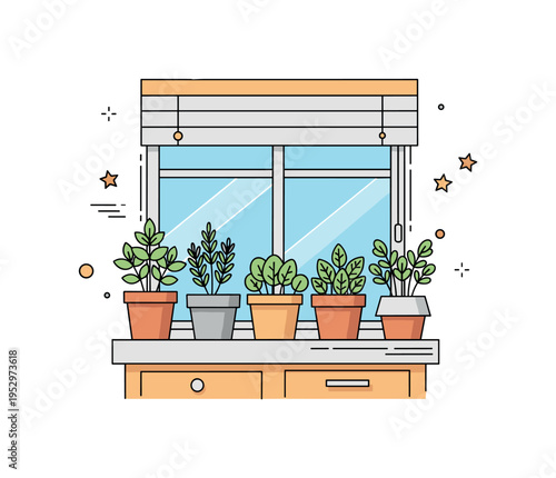 Decorative yet practical kitchen plants concept shown as small herb pots placed neatly along a window ledge above a countertop, expressing freshness and