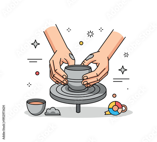 Hands in clay pottery scene centered on two hands shaping a small ceramic bowl on a wheel, expressing creativity, craftsmanship, and tactile connection to