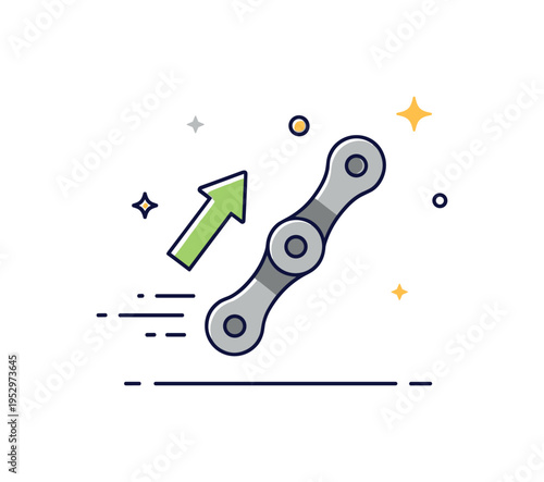 Bicycle chain cycling performance upgrade concept featuring a chain segment paired with a small upward arrow and subtle speed spark accents. The