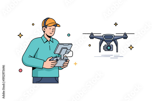 Professional drone operator person in casual attire holding advanced controller with attached display while a camera drone hovers steadily, representing