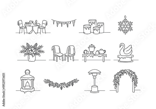 Winter Garden Party with Frost-Inspired Decor. Minimalistic set one-line drawing outdoor garden table with frost edges, hanging string lights with icicle
