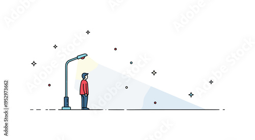 Lonely figure standing under a small streetlight in an open empty space with soft shadow stretching behind. The scene conveys quiet solitude and introspective