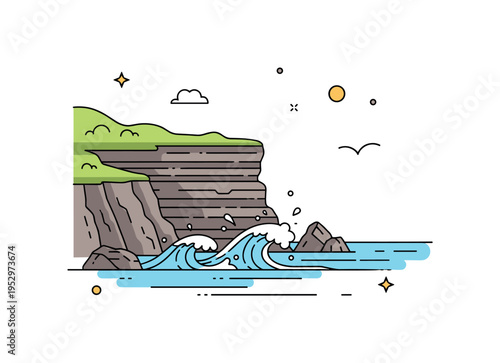 Rocky coastline landscape centered on layered cliffs with gentle waves crashing below, conveying movement, resilience, and dramatic seaside beauty. A clean