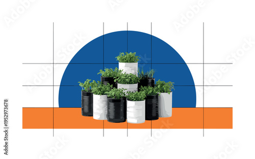 Black and white tin cans converted into plant pots with small herbs, oversized deep blue semicircle framing the arrangement, orange horizontal stripe grounding