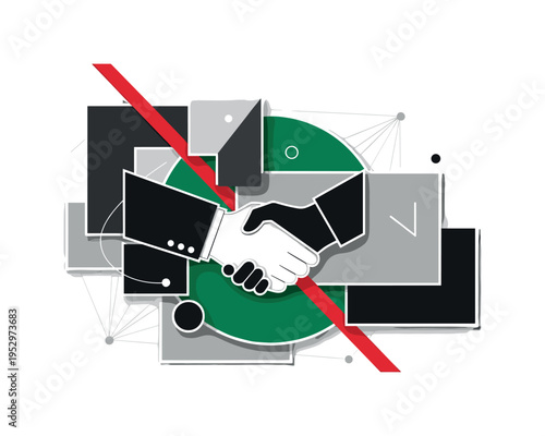 Black and white handshake emerging from suit sleeves in retro style, bold orange vertical line dividing and uniting both sides, blue circular halo behind