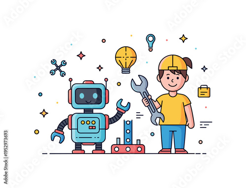 Robotics workshop for young learners built around a small friendly robot and a child holding a wrench, conveying teamwork, innovation, and engineering basics.