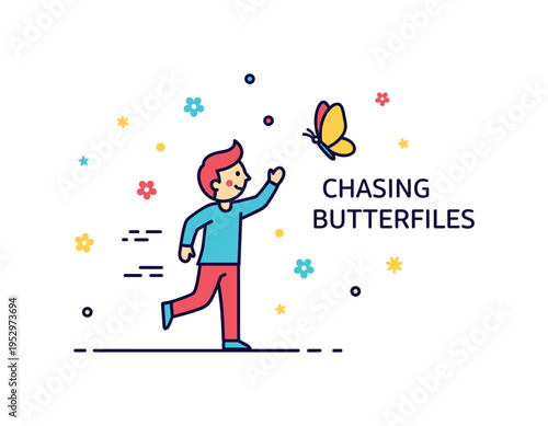 Chasing butterflies capturing a playful figure reaching toward a fluttering butterfly with small motion lines and scattered floral accents, expressing joy,