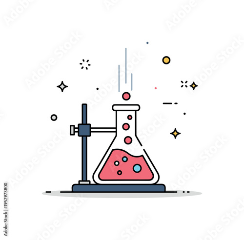 Chemistry laboratory flask with bubbling liquid and subtle vapor lines rising upward, expressing scientific experimentation and curiosity in a clean