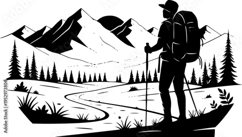 Eco-Tourism Sustainable Traveler Silhouette Vector, Black and White Nature Hiking Art
