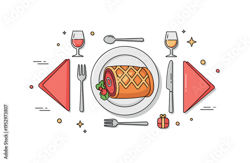 Holiday dinner table featuring beef Wellington centerpiece illustrated with simple plate setting, cutlery and folded napkin around the pastry wrapped roast,