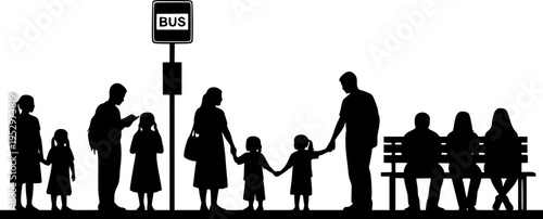 Children and adults waiting at bus stops silhouette vector illustration isolated on white background
