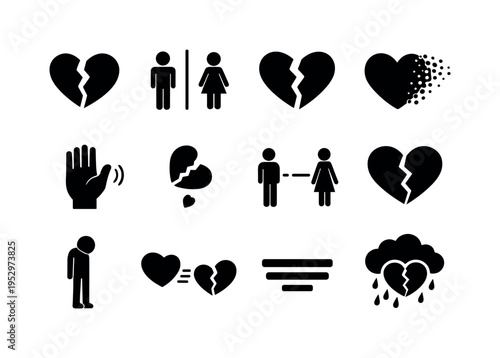 Lost Love. Solid icon set of Lost Love: broken heart halves, separated figures, torn heart, fading heart, goodbye gesture, falling heart piece, emotional
