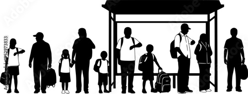 Children and adults waiting at bus stops silhouette vector illustration isolated on white background
