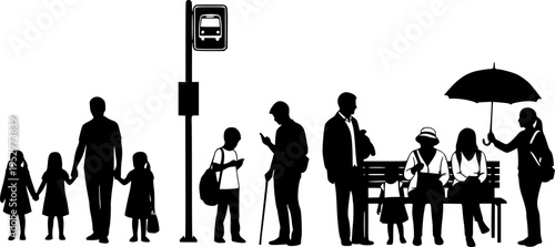 Children and adults waiting at bus stops silhouette vector illustration isolated on white background
