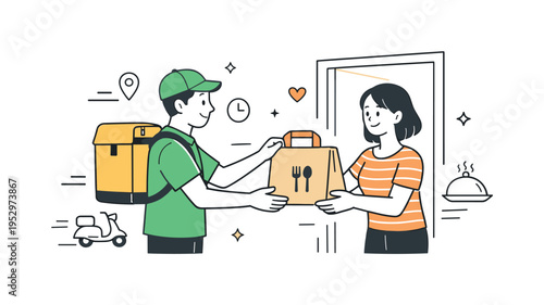 Food delivery. A courier calmly handing a food bag to a customer at the door, friendly and efficient exchange. Warm everyday service mood with light motion