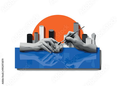 Black and white hands painting small ceramic object, large cobalt blue rectangle echoing worktable shape, orange semicircle rising like creative spark,