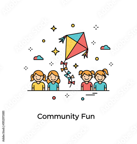 Family kite making workshops festival preparation badge with a bright kite icon surrounded by tiny star accents and smiling child figure silhouettes,