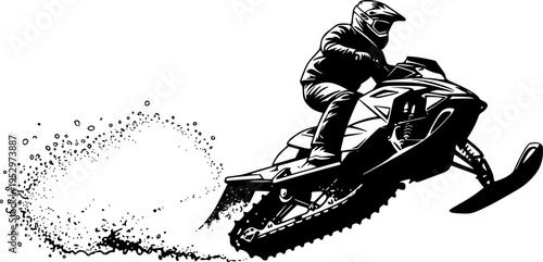 Black silhouette of extreme snowmobile rider wearing full helmet performing high jump with snow spray, dynamic action vector art, sticker design, isolated on white background