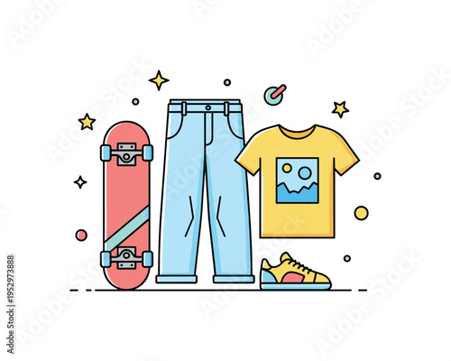 Skate inspired fashion skateboard leaning beside loose fit pants and graphic tee, symbolizing active lifestyle and rebellious urban spirit. Minimalist flat