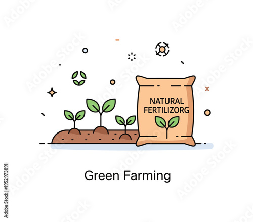 Eco friendly fertilizers sustainable farming scene illustrated by a small field with sprouting plants and a natural fertilizer bag icon placed beside it,