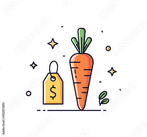 Fresh market produce single carrot placed beside small price tag and tiny leaf detail, expressing grocery shopping and local market culture. Minimalist flat