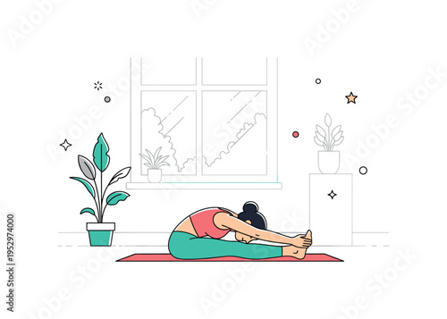 Sunlit stretching routine shown as a person performing a gentle forward fold on a mat near a bright window silhouette, expressing flexibility and quiet focus.