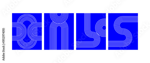 Blue letters with white lines on coloured background