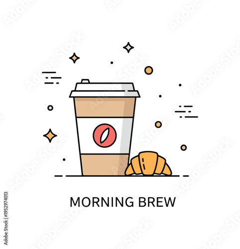 Cafe morning takeaway concept featuring a simple paper cup with lid and a tiny croissant beside it, symbolizing busy routines and quick energy boost. The short