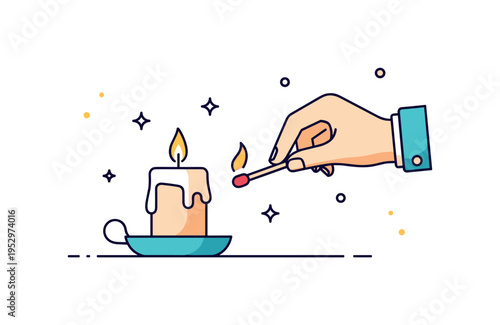 Evening ritual of lighting a candle shown as a cozy candle in a small holder with a hand striking a match beside it, expressing comfort and mindfulness. The