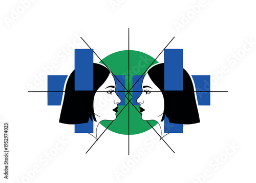 Black and white portrait of two adults sitting side by side in conversation, bold cobalt blue circular halo uniting both heads, burnt orange rectangular blocks