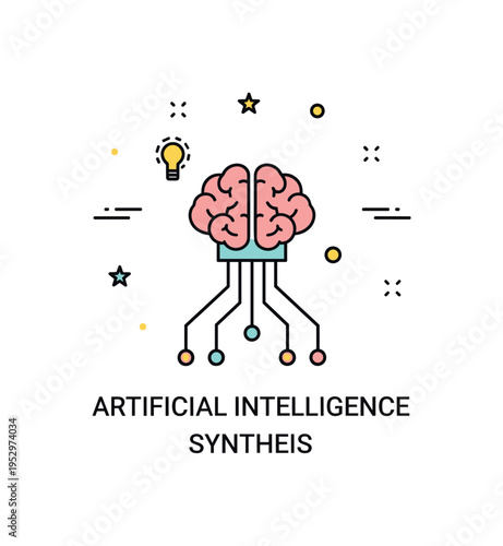 Artificial intelligence synthesis theme centered on a simple brain icon connected to circuit lines converging into a single node, symbolizing integration of
