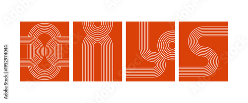 Red and white lines forming letters on coloured background