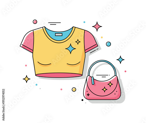 Y2K aesthetic fashion revival illustrated through a cropped top and mini handbag with subtle star accents, conveying playful energy and millennium