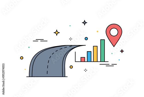 Data driven mobility analytics visualized by a roadway merging into a simple bar chart and location pin icon. A clean editorial badge symbolizing smart city