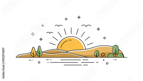 Golden sunset horizon warm sun dipping behind gentle hills with subtle bird silhouettes above, expressing peaceful evenings and scenic tranquility. Minimalist