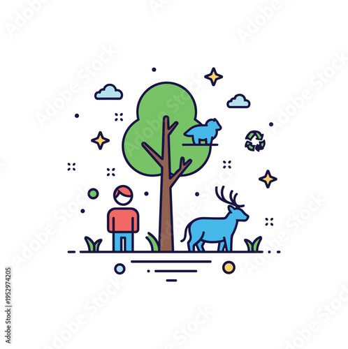 Forest and wildlife conservation illustration showing a small human figure with a tree and animal silhouette, expressing care for ecosystems and biodiversity.