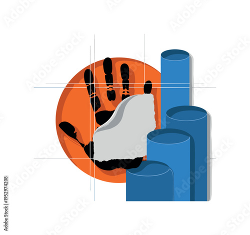Black and white handprint partially covered by fresh plaster patch, bold orange circular halo effect behind the print, blue abstract cylinders