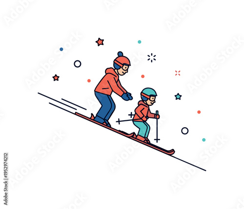 Beginner ski lesson concept featuring a small instructor figure guiding a child skier down a gentle slope. The scene communicates learning, encouragement, and