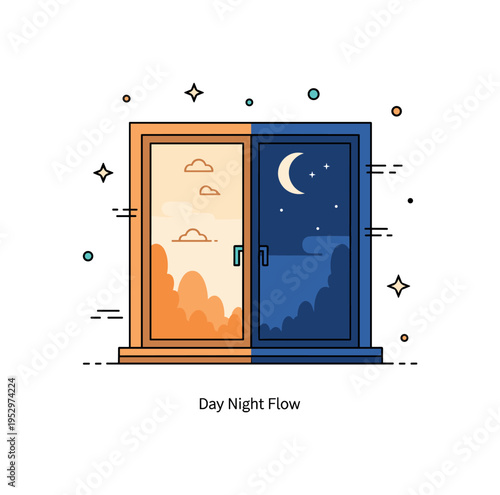 Shadows and light day to night transition illustrated through a compact window frame dividing warm sunlight and deep blue evening tones, conveying the rhythm