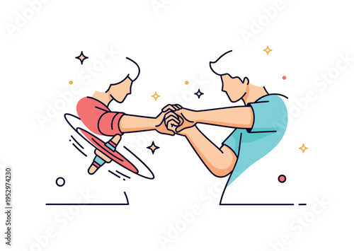 Partner connection in salsa highlighted by two hands clasped mid spin with tiny sparkle accents, symbolizing trust, communication, and smooth lead and follow