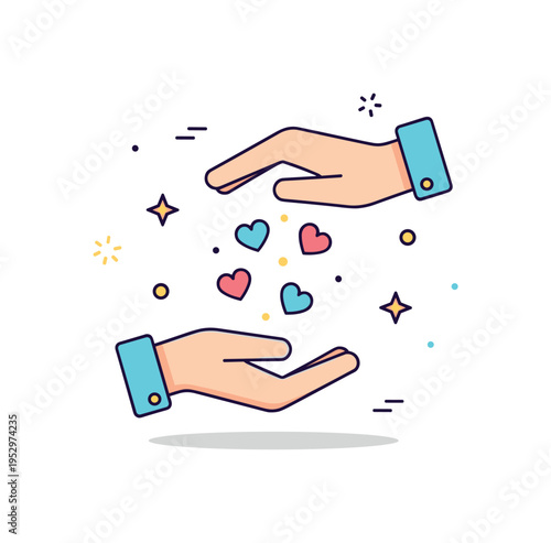 Emotional healing hands releasing small floating hearts and light particles, illustrating the process of letting go and restoring inner peace. Minimalist flat