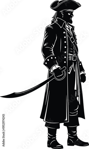 Pirate captain silhouette standing with sword wearing traditional hat and long coat cad drawing flat vector illustration flavector isolated design.