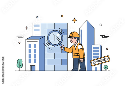 Quality inspection process with a project manager examining a wall section using a magnifying glass, reflecting attention to detail and high construction