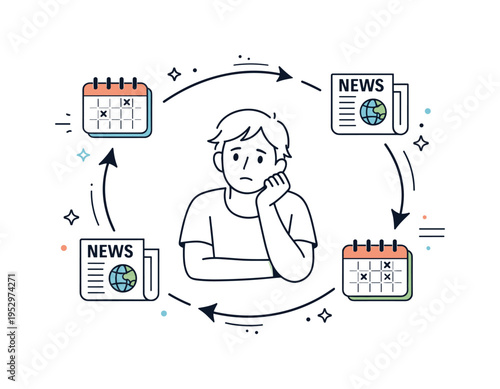 Chronic crisis awareness. A calendar and news icons repeating in a loop around a calm but concerned character, showing ongoing pressure over time. Subdued and