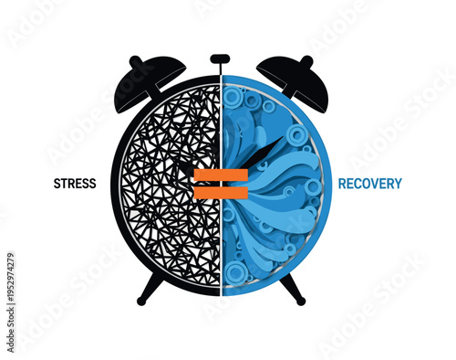 Black and white vintage alarm clock split vertically, one half filled with geometric black grid lines symbolizing stress, the other half with smooth blue