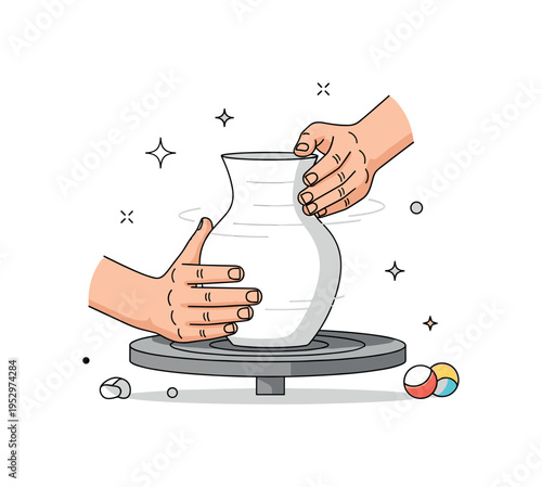 Pottery wheel moment featuring hands guiding spinning clay into a smooth vase silhouette, conveying flow, balance, and hands-on creativity. A calm editorial