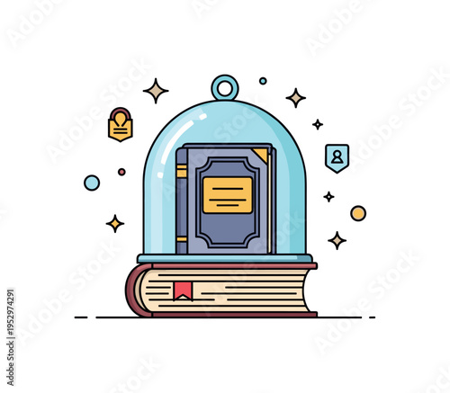 Collector edition antique volume depicted with a protective glass dome covering a richly decorated book, emphasizing rarity and preservation. Compact and