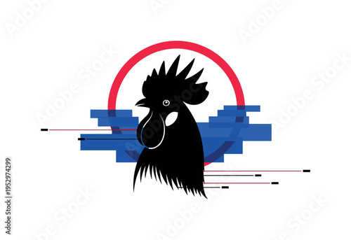Black and white rooster silhouette with exaggerated comb form, bold crimson circular frame behind the head, cobalt blue abstract blocks stacked like sunrise